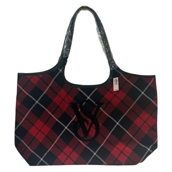 Victoria's Secret Plaid Tote Bag NWT Sherpa VS Logo, Weekender, red black tartan - Picture 1 of 12